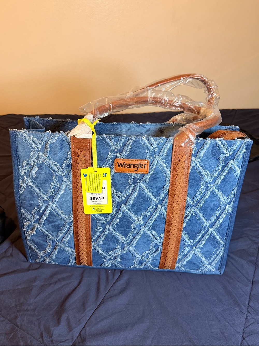Wrangler Blue Denim Tote with Brown Trim